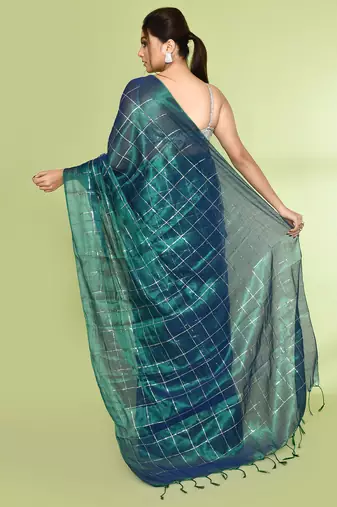 Women`s blue green zari cotton tissue sequin saree