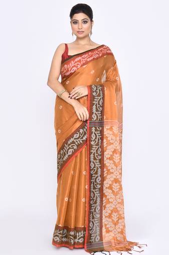 Women`s gold zari cotton tissue jamdani saree
