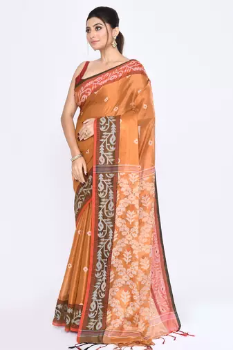 Women`s gold zari cotton tissue jamdani saree