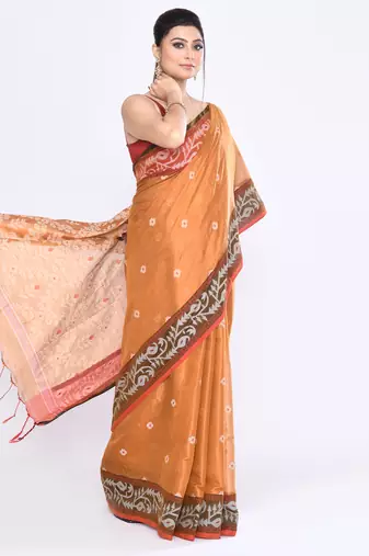 Women`s gold zari cotton tissue jamdani saree