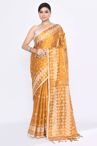 Women`s gold zari cotton tissue jamdani saree