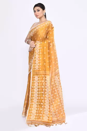 Women`s gold zari cotton tissue jamdani saree