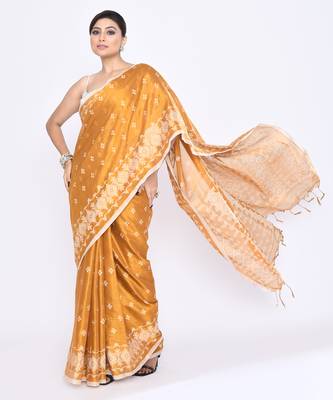 Women`s gold zari cotton tissue jamdani saree 3