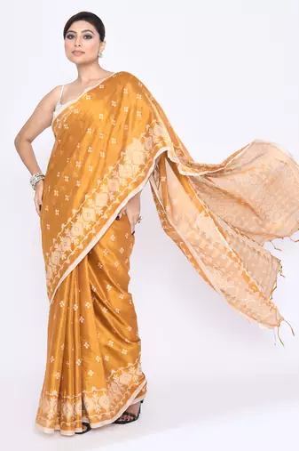 Women`s gold zari cotton tissue jamdani saree