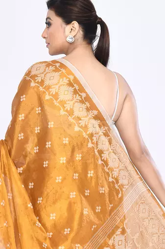 Women`s gold zari cotton tissue jamdani saree