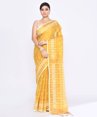 Women`s yellow zari cotton tissue jamdani saree 1