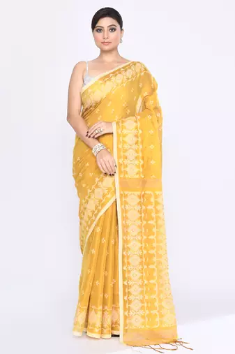 Women`s yellow zari cotton tissue jamdani saree