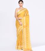Women`s yellow zari cotton tissue jamdani saree