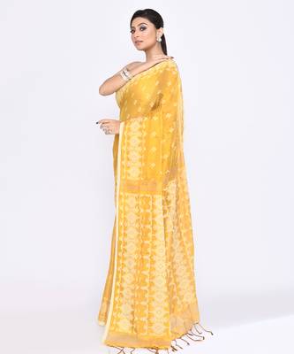 Women`s yellow zari cotton tissue jamdani saree 2