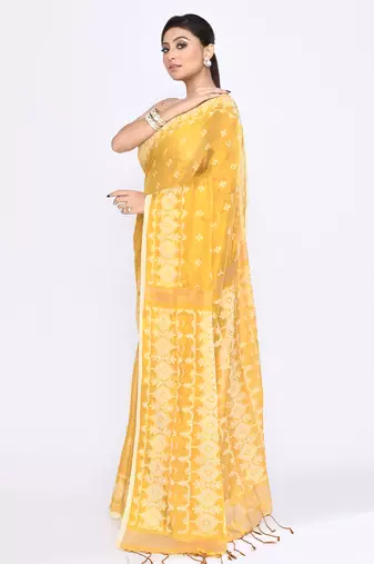 Women`s yellow zari cotton tissue jamdani saree
