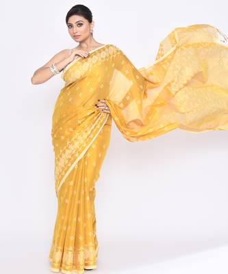 Women`s yellow zari cotton tissue jamdani saree 3