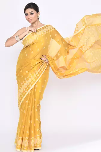 Women`s yellow zari cotton tissue jamdani saree