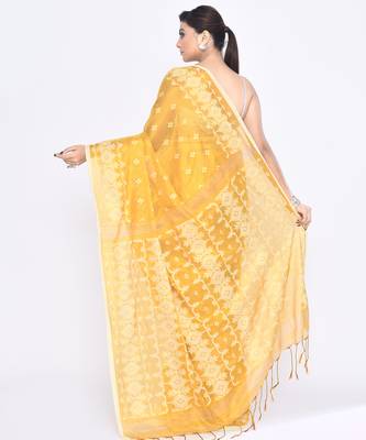 Women`s yellow zari cotton tissue jamdani saree 4