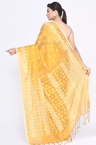Women`s yellow zari cotton tissue jamdani saree