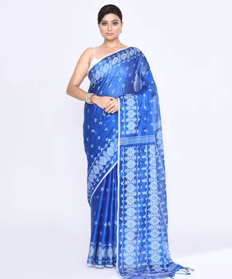 Women`s blue zari cotton tissue jamdani saree 1