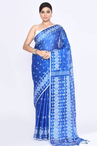 Women`s blue zari cotton tissue jamdani saree