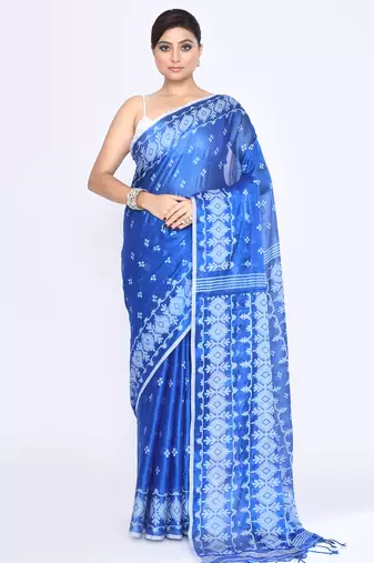 Women`s blue zari cotton tissue jamdani saree