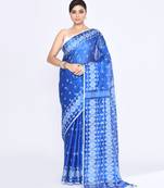 Women`s blue zari cotton tissue jamdani saree