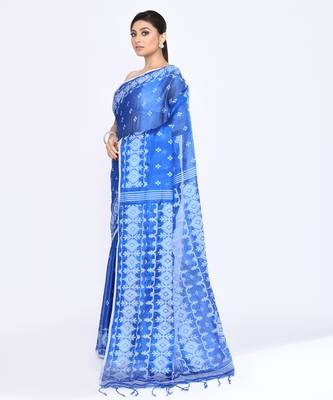 Women`s blue zari cotton tissue jamdani saree 2