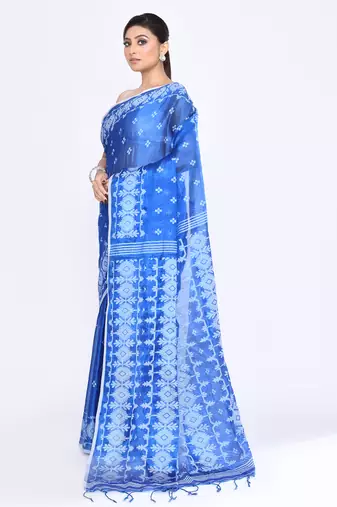 Women`s blue zari cotton tissue jamdani saree
