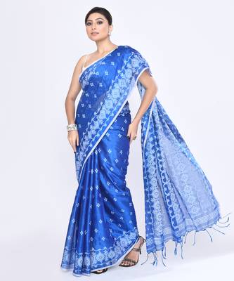 Women`s blue zari cotton tissue jamdani saree 3