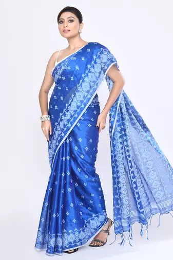 Women`s blue zari cotton tissue jamdani saree