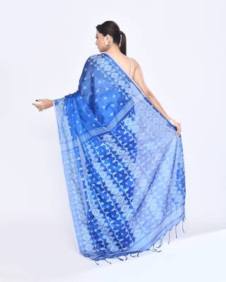 Women`s blue zari cotton tissue jamdani saree 4
