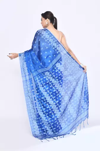 Women`s blue zari cotton tissue jamdani saree