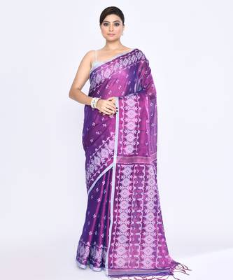 Women`s purple zari cotton tissue jamdani saree 1