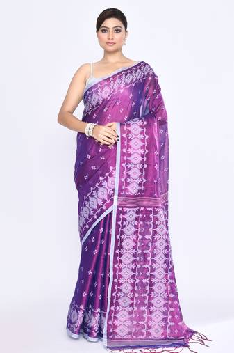 Women`s purple zari cotton tissue jamdani saree