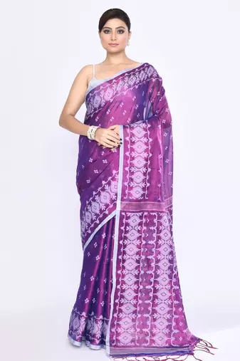 Women`s purple zari cotton tissue jamdani saree