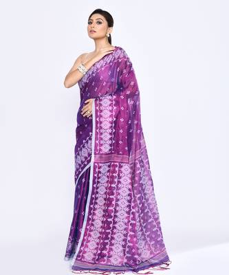 Women`s purple zari cotton tissue jamdani saree 2