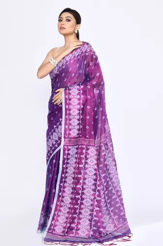 Women`s purple zari cotton tissue jamdani saree