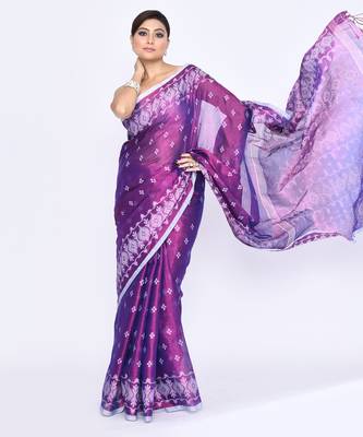 Women`s purple zari cotton tissue jamdani saree 3