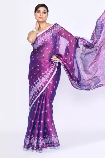 Women`s purple zari cotton tissue jamdani saree