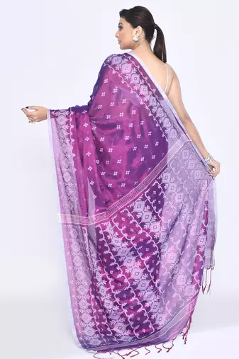 Women`s purple zari cotton tissue jamdani saree