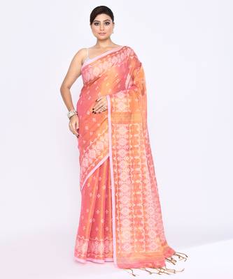 Women`s deep peach zari cotton tissue jamdani saree 1