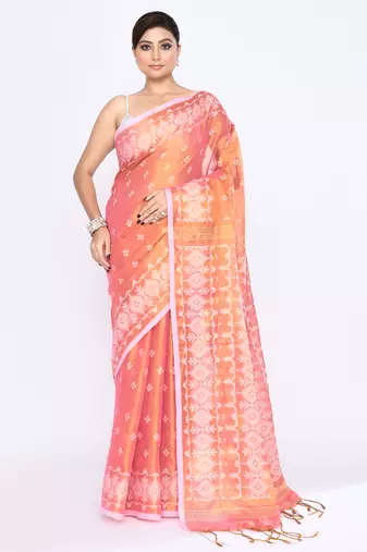 Women`s deep peach zari cotton tissue jamdani saree