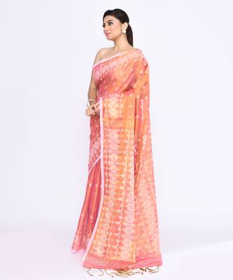 Women`s deep peach zari cotton tissue jamdani saree 2