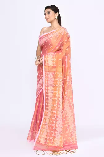 Women`s deep peach zari cotton tissue jamdani saree
