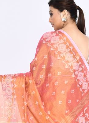 Women`s deep peach zari cotton tissue jamdani saree 3
