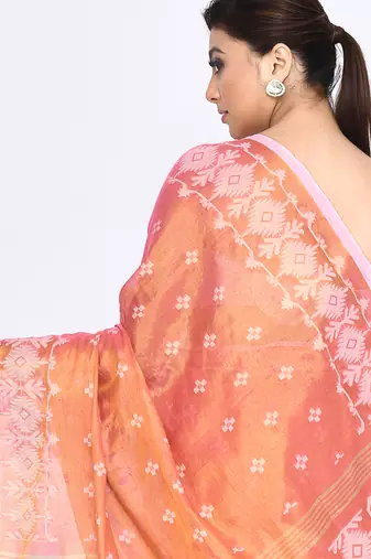 Women`s deep peach zari cotton tissue jamdani saree