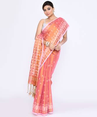 Women`s deep peach zari cotton tissue jamdani saree 4