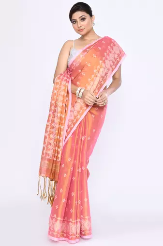 Women`s deep peach zari cotton tissue jamdani saree
