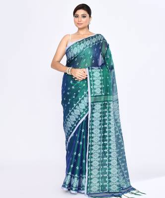 Women`s blue green zari cotton tissue jamdani saree 1