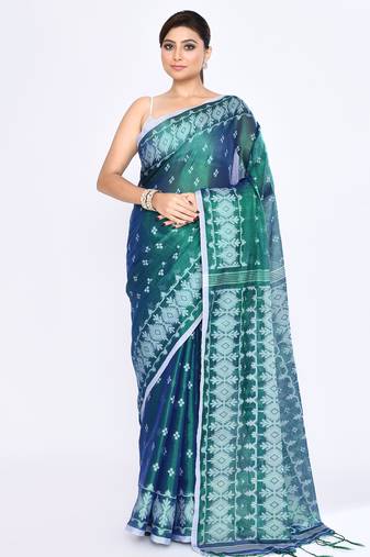 Women`s blue green zari cotton tissue jamdani saree