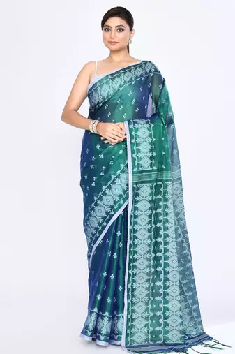 Women`s blue green zari cotton tissue jamdani saree