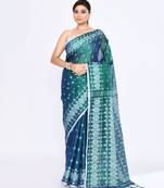 Women`s blue green zari cotton tissue jamdani saree