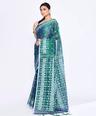 Women`s blue green zari cotton tissue jamdani saree 2