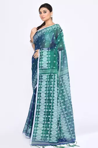 Women`s blue green zari cotton tissue jamdani saree
